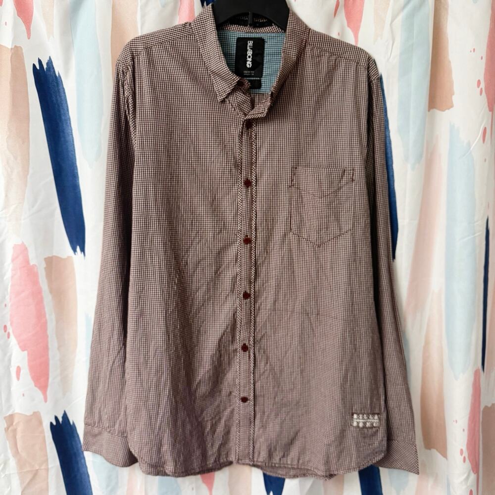Billabong Maroon and White Gingham Plaid Micro-Check Button Down Shirt Size XL